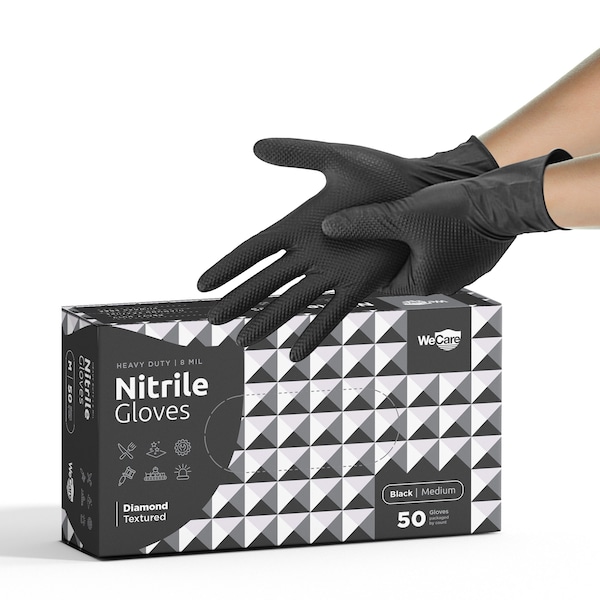 Wecare WMN1002, Disposable Gloves, 8 mil Palm, Nitrile, Powder-Free, M, 50 PK, Black WMN100233 - main